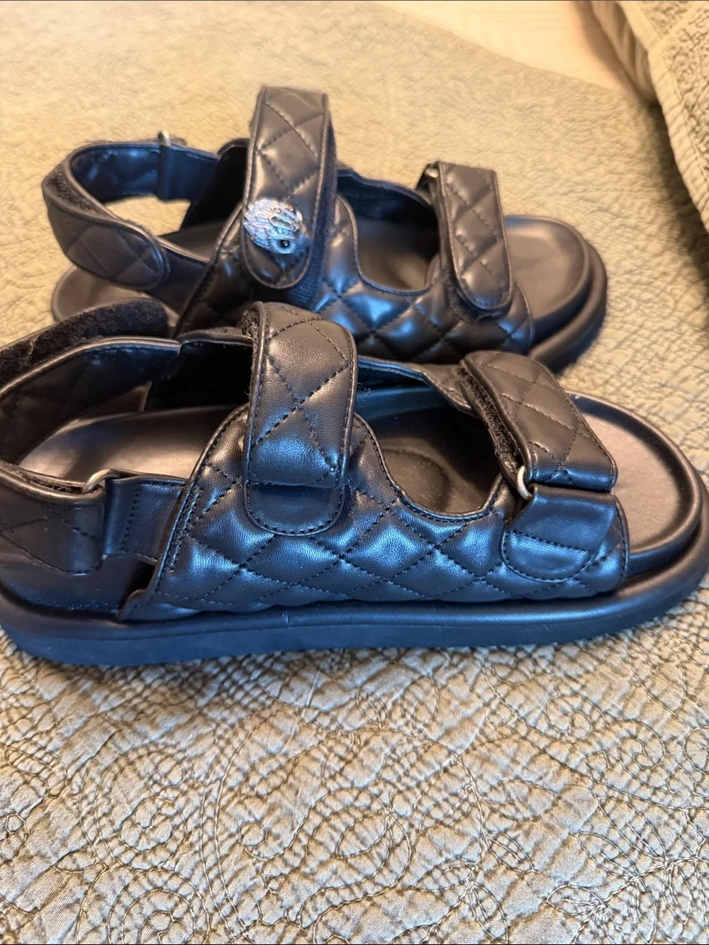Kurt Geiger Black Quilted Leather Sandals with Silver Button Accent